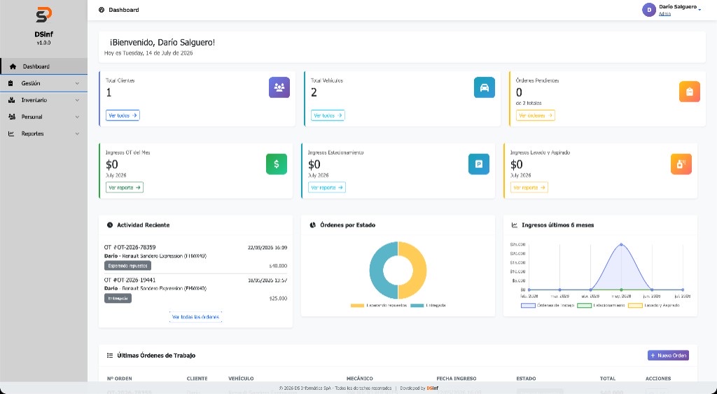 Vista previa del sistema de administración para taller mecánico